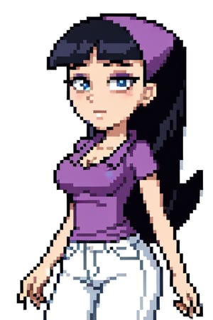 Trixie Tang, 1girl, solo, purple shirt, white jeans, busty