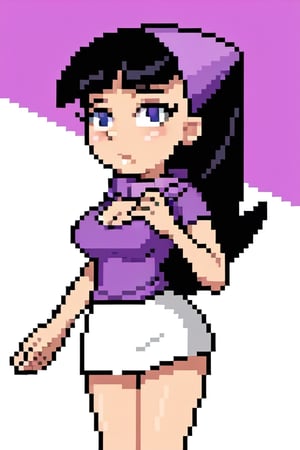 Trixie Tang, 1girl, solo, purple shirt, white skirt, busty