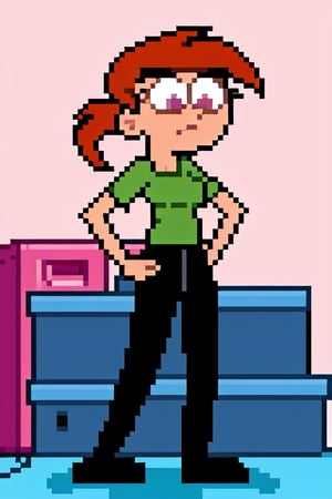 Vicky, 1girl, solo, orange hair, ponytail, pink eyes, green shirt, black pants, busty