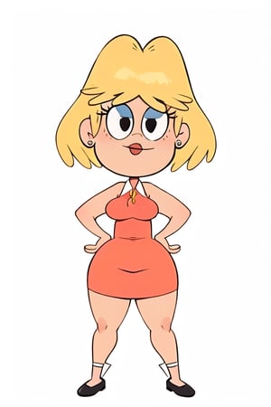 rita loud, cartoon, masterpiece, high quality, best quality, 1girl, solo, white background, blonde hair, short hair, red dress, black eyes, huge breasts, milf, top heavy, perfect, beautiful, hands on hips, facing viewer, 1st person view,chibi