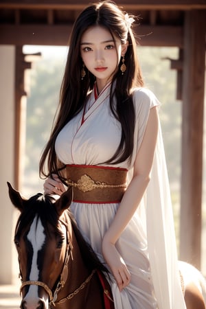 background forest,foggy,flower leaves flying in the wind,
20 yo, 1 girl, beautiful girl,big breasts,wearing beautiful hanfu(white transparent),cape(white transparent),riding a horse,shining bracelet, smile, solo, {beautiful and detailed eyes}, dark eyes, an energetic attitude, natural and soft light, delicate facial features, ((sexy model pose)), Glamor body type, (dark hair:1.2), simple tiny earrings,very_long_hair,hair past hip, bang,straight hair, big buns,flim grain, realhands, masterpiece, Best Quality, 16k, photorealistic, ultra-detailed, finely detailed, high resolution, perfect dynamic composition, beautiful detailed eyes, eye smile,sharp-focus, full_body, sexy pose, cowboy_shot,Bomi,ancient_chinese_indoors,horse,riding,horseback_riding,Samurai girl