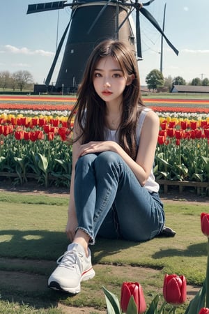 Imagine the following scene: a field of Dutch tulips, all red tulips. It is an extensive and very large field. In the end a beautiful windmill with many details. It's a calm scene, it's daytime. many details In the center of the tulip field, a beautiful, girl enjoys the breeze and the countryside. SHe wears casual clothes. Wearing a white sleeveless flannel, jeans, sports shoes The shot is wide and panoramic to capture the details of the scene.