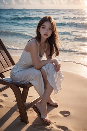 a young girl lying on beach chair looking up at the sky, Put your hands relaxedly on your legs, sitting by the sea, beach, front focus, looking up, head up, sunset, Horizontal photo, looking at the sky in distraction, wearing long simple skirt, long white dress, elegant photo, dynamic pose, original photo, contemporary aesthetics, hard light, backlight, sharp focus, photorealistic feeling, cinematic lighting, volumetric lighting, 1girl, solo, ,masterpiece, high quality, highres, absurdres, high details,8k,HDR,raw photo,realistic, bokeh, shallow depth of field, beautiful eyes, high detail eyes, beautiful face, high detail face, high detail skin, beautiful hands, beautiful fingers, beautiful eyelashes, fingernails, smooth and floating hair,(full body:1.5)