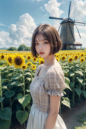 1girl, solo, looking at viewer, short hair, bangs, brown hair, dress, brown eyes, standing, flower, short sleeves, outdoors, parted lips, sky, day, cloud, white dress, blue sky, lips, plaid, bob cut, scenery, sunflower, field, house, power lines, windmill