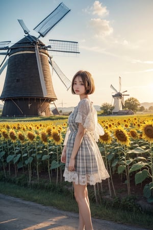one beautiful girl,{masutepiece}, ((Best Quality)), hight resolution, {{Ultra-detailed}}, {extremely details CG}, {8k wall paper},kawaii,anime, Old Windmill, Gazing at the horizon, Dawn, Field of sunflowers, Scenic beauty, Low-angle with windmill blades, First rays of the sun, Focus on her hopeful eyes, Texture of the wooden windmill, Optimistic Mood, Vintage farm dress, bob_cut,full body