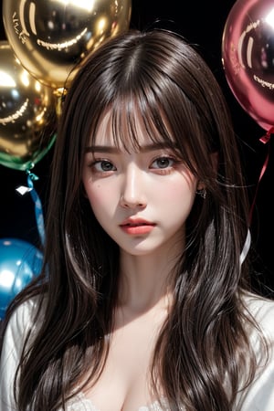 portrait, illustration, shiny hair and skin, jewelry, colorful, chromatic aberration, light particles, glowing grey eyes, a girl, happy,from above,  white hair, brown hair,celebration, balloons, party, 