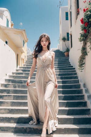 Princesa bonita, in long dress descends the stairs in Santorini. in style vogue/dior/armani, fashion photography, beautiful old buildings and sea in the background. high definition, trending on artstation, intricate details, highly detailed,