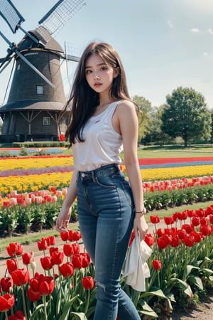 Imagine the following scene: a field of Dutch tulips, all red tulips. It is an extensive and very large field. In the end a beautiful windmill with many details. It's a calm scene, it's daytime. many details In the center of the tulip field, a beautiful, girl enjoys the breeze and the countryside. SHe wears casual clothes. Wearing a white sleeveless flannel, jeans, sports shoes The shot is wide and panoramic to capture the details of the scene.