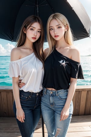 2girl, twin sisters, same heights, holding hand, length blonde hair, best quality,masterpiece,detailed,16k,beautiful detailed face,beautiful detailed eyes,8k,female_solo,perfect body, perfect face, (full body shot), 1 beautiful woman, (colored shoulder-length Length hair), blue eye, pink skin, bathing on a maldives bech backlighting, fog, day lighting, birch light, sun rays, volumetric light, mini short jeans and tranparent white woman shirts,