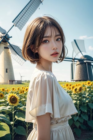 one beautiful girl,{masutepiece}, ((Best Quality)), hight resolution, {{Ultra-detailed}}, {extremely details CG}, {8k wall paper},kawaii,anime, Old Windmill, Gazing at the horizon, Dawn, Field of sunflowers, Scenic beauty, Low-angle with windmill blades, First rays of the sun, Focus on her hopeful eyes, Texture of the wooden windmill, Optimistic Mood, Vintage farm dress, bob_cut