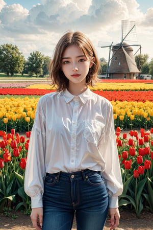 
masterpiece, high quality, realistic aesthetic photo, pore and detailed, intricate detailed, graceful and beautiful textures, RAW photo, 16K, cinematic lighting, forcus on, windmill in the back of the tulip field, (cowboy shot), Dutch-young-girl, cute-face, orange curl short hair, beautiful eyes, cute smile, light-blue shirt, jeans,more detail XL