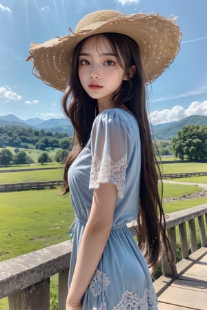 Sweet girl, 18 years old, dark long hair, gray eyes, light summer dress, straw hat, standing on an old stone bridge, mountains, bright sunny day, clear blue sky, bright light, soft colors, masterpiece, intricate and elaborate details,