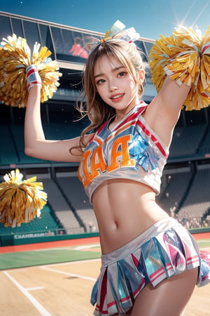 Maximalism, masterpiece, top quality, 8k, high resolution, super detailed, absurd, vivid contrast, insanely detailed, BREAK 1girl, (Beautiful face, brightly colored shining eyes, clear skin, smile, shiny hair: 1.2), BREAK (cheerleader:1.4), BREAK baseball stadium,girl,watercolor,1 girl

