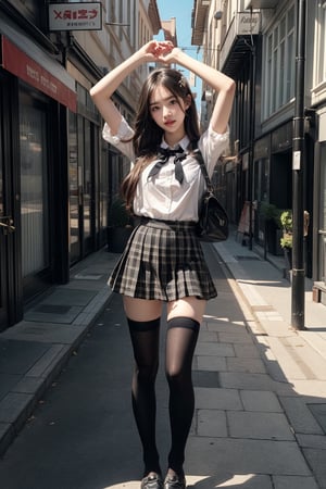 (masterpiece),(best quality), (ultra-detailed),HDR,UHD,8K,realistic,Highly detailed,(illustration),big smile,cinematic_lighting,ultra-fine painting,extreme detail description,1girl,long hair,black hair,light smile, hair clip, hairclip,school uniform,plaid skirt,black Cotton thighhighs,legs,loafers,((black footwear)),standing,street,day,looking_at_viewer, ,black thighhighs,arms up