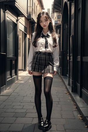 (masterpiece),(best quality), (ultra-detailed),HDR,UHD,8K,realistic,Highly detailed,(illustration),cinematic_lighting,ultra-fine painting,extreme detail description,1girl,long hair,black hair,light smile, hair clip, hairclip,school uniform,plaid skirt,black Cotton thighhighs,legs,loafers,((black footwear)),standing,street,day,looking_at_viewer, ,black thighhighs,