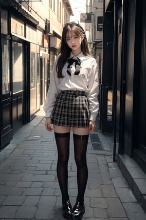 (masterpiece),(best quality), (ultra-detailed),HDR,UHD,8K,realistic,Highly detailed,(illustration),cinematic_lighting,ultra-fine painting,extreme detail description,1girl,long hair,black hair,light smile, hair clip, hairclip,school uniform,plaid skirt,white thighhighs,legs,loafers,((black footwear)),standing,street,day,looking_at_viewer, ,black thighhighs