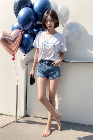 1girl, balloon, barefoot, blue eyes, dark skin, denim, denim shorts, full body, holding, jewelry, open clothes, shirt, short hair, shorts, shorts rolled up, solo, water, white shirt ,CrclWc,CuteSt1,WtrClr,white background