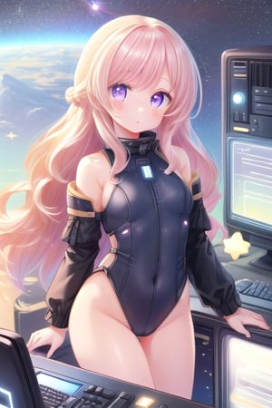 (masterpiece:1.2) , (best quality:1.2) , (ultra-detailed:1.2), 2.5D,extremely detailed,anime,light pink hair,wavy hair,shoulder length hair,BREAK,purple eyes,BREAK,Bridge of a space ship,Computer console panel,Space Leotard
