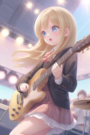 
anime style, super fine illustration, highly detailed, dynamic angle, beautiful detailed, 8k, On the stage of the school festival, high school girls form a girl's band. The vocalist sings passionately, the guitar and bass create a powerful rhythm, and the drums beat in support. The audience is captivated by their performance, with applause and cheers filling the air.