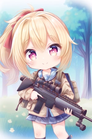 (masterpiece:1.2) , (best quality:1.2) , (ultra-detailed:1.2), 2.5D,extremely detailed,anime,blonde hair,side ponytail,BREAK,red eyes,BREAK,forest,military cosutume,skirt,Sniper rifle,Hold a sniper rifle,smile,chibi