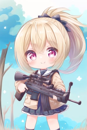 (masterpiece:1.2) , (best quality:1.2) , (ultra-detailed:1.2), 2.5D,extremely detailed,anime,blonde hair,side ponytail,BREAK,red eyes,BREAK,forest,military cosutume,skirt,Sniper rifle,Hold a sniper rifle,smile,chibi