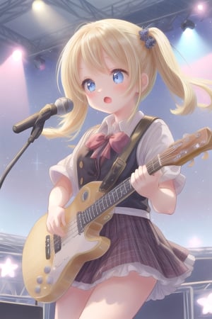 
anime style, super fine illustration, highly detailed, dynamic angle, beautiful detailed, 8k, On the stage of the school festival, high school girls form a girl's band. The vocalist sings passionately, the guitar and bass create a powerful rhythm, and the drums beat in support. The audience is captivated by their performance, with applause and cheers filling the air.