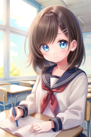 (masterpiece:1.2) , (best quality:1.2) , (ultra-detailed:1.2), 2.5D,extremely detailed,anime,dark brown hair,Medium hair,BREAK,blue eyes,BREAK,(hairpin),classroom,serafuku,smile