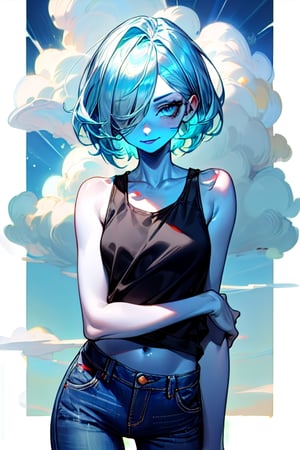 (shiny blue skin), (masterpiece: 1.4), (best quality:1.4), 1 woman, (short white and light mint blue hair, with hair covering one eye:1), blue eyes, slight smile, pretty face, dressed in blue jeans and black tank top, dark eyeshadow, dark lipstick, cloud spell:2,style