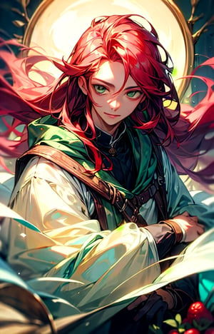  (shiny skin),  (masterpiece:1.4),  (best quality:1.4),  1 man,  (long raspberry colored hair:1),  hazel eyes,  slight smile, handsome face,  dressed in green medieval clothes, flower spell:2
