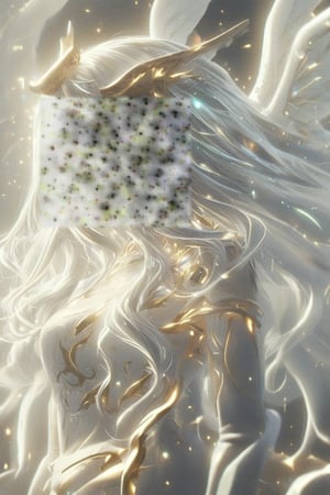 a beautiful angel girl with horns long gray hair, atmosphere with particles, anime style