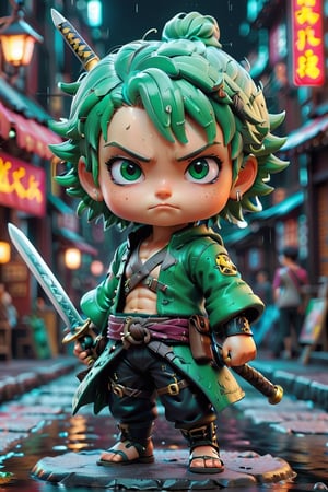 best quality, masterpiece, beautiful and aesthetic, vibrant color, Exquisite details and textures,  Warm tone, ultra realistic illustration, Sticker, Chibi, colorful perfect 3d ink splash forming perfect detailed extreme close up perfect realistic cute chibi a roronoa zoro, one piece, 3 sword, black pirate custome, kyoto scene, super saiya, ultra hd, realistic, vivid colors, highly detailed, UHD drawing, perfect composition, beautiful detailed intricate insanely detailed octane render trending on artstation, 8k artistic photography, photorealistic concept art, soft natural volumetric cinematic perfect light, acrylic, high contrast, colorful polychromatic, ultra detailed, ultra quality, CGSociety.,