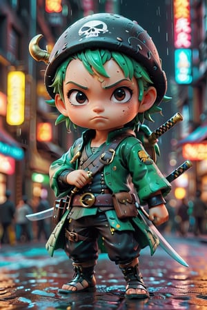 best quality, masterpiece, beautiful and aesthetic, vibrant color, Exquisite details and textures,  Warm tone, ultra realistic illustration, Sticker, Chibi, colorful perfect 3d ink splash forming perfect detailed extreme close up perfect realistic cute chibi a roronoa zoro, one piece, 3 sword, black pirate custome, ship scene, ultra hd, realistic, vivid colors, highly detailed, UHD drawing, perfect composition, beautiful detailed intricate insanely detailed octane render trending on artstation, 8k artistic photography, photorealistic concept art, soft natural volumetric cinematic perfect light, acrylic, high contrast, colorful polychromatic, ultra detailed, ultra quality, CGSociety.,