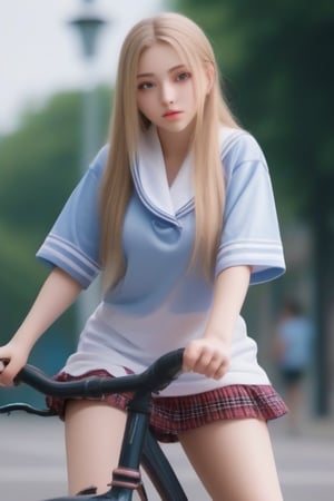 High quality detailed image, a sexy schoolgirl rides on two wheels, on a new bicycle. Sensual girl, thick legs, schoolgirl with towel, sexy breasts, long blonde hair, detailed eyes, full body, detailed face, with breasts, fat legs, flirtatious and very sensual, (seen below)