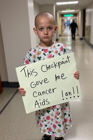  photo,a bald child about ten years old, in a hospital hallway, wearing a hospital gown, holding a poorly handwritten sign, the sign says "This checkpoint gave me cancer aids". The child is sad, 