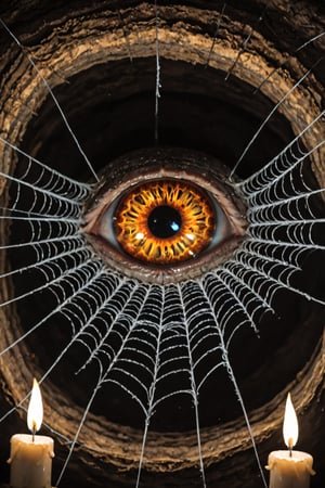 Score_9,
(Anthropomorphic woman):(spider, black hair, spider eyes,extreme extra eyes,yellow glowing srclea cephalopod eyes,),
Extreme spider webs, dark cave, candle light,