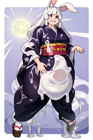 anime illustration of a savage rabbit girl, made of slime. Fat, drooling, and savage. Wears japanese clothes, and seems friendly, but savage. Has rabbit ears and a rabbit tail, and very white skin due to being made of white slime. 

(bunny_ear, monster girl, rabbit_girl, Rabbit_ears,  rabbit_ears)

(kimono, hakama, robes, Japanese_clothes, robes)

(big_hips, wide_hips, Chubby)

(slime, melting, gooey, white_slime, slime_covered,slimecpt)

(white_eyes, clear_eyes, smile, drool, white_hair, white_hair)

(glow, aura, ki, moon)