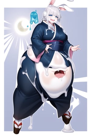 anime illustration of a savage rabbit girl, made of slime. Fat, drooling, and savage. Wears japanese clothes, and seems friendly, but savage. Has rabbit ears and a rabbit tail, and very white skin due to being made of white slime. 

(bunny_ear, monster girl, rabbit_girl, Rabbit_ears,  rabbit_ears)

(kimono, hakama, robes, Japanese_clothes, robes)

(big_hips, wide_hips, Chubby)

(slime, melting, gooey, white_slime, slime_covered,slimecpt)

(white_eyes, clear_eyes, smile, drool, white_hair, white_hair)

(glow, aura, ki, moon)