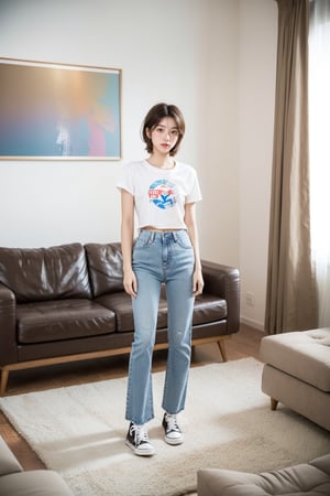 (masterpiece:1.2, best quality), (1lady, full body: 1.5), Tomboy, (full color:1.5), hot body, Clothes: (tucked in t shirt, vintage lightwash high-waisted loose jeans, converse hi-tops: 1.5), (Appearance: short hair, brown hair, messy hair, natural makeup, long legs, cute, petite, brown eyes, small breasts, fit, muscular, toned: 1.5), Location: (apartment living room, indoors, mid-century modern, modernist) Hobbies: (workout, athletic, music, indie music, art), best_friend, music, shoegaze, SFW, clothed, 25 years old, mid_twenties, adult, asian girl, Tomboy, kiss, french_kiss