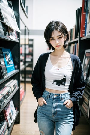 (masterpiece:1.2, best quality), (1lady :1.5), Tomboy, (full color:1.5), Clothes: (loose cardigan, t shirt, vintage lightwash high-waisted loose jeans:1.5), (Appearance: black hair, fit, muscular, abs, short hair, natural makeup, long legs, cute, petite, adult, hot body, brown eyes: small breasts, 25_years_old: 1.5), Location: record_store, music_store, (Hobbies: workout, best_friend, music, indie, shoegaze), SFW, mid_twenties, adult, asian girl, boyish, painted_nails, painted finger nails, blue nail polish, Tomboy