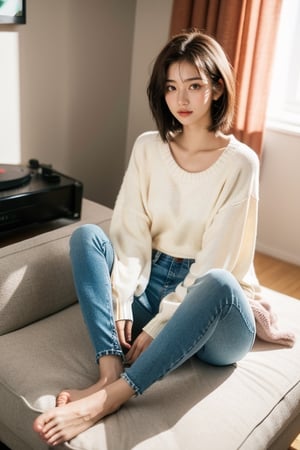 (masterpiece:1.2, best quality), (1lady, sitting, full body: 1.5), Tomboy, (full color:1.5), hot body, Clothes: (sweater, loose fit jeans: 1.5), (Appearance: short hair, brown hair, messy hair, natural makeup, long legs, cute, petite, brown eyes, small breasts, fit, muscular, toned: 1.5), Location: (apartment living room, indoors, modernist, artistic, guitar amp, vinyl_records, record_player, stereo), Hobbies: (workout, athletic, music, indie music, art), best_friend, music, shoegaze, SFW, clothed, 25 years old, mid_twenties, adult, asian girl, Tomboy