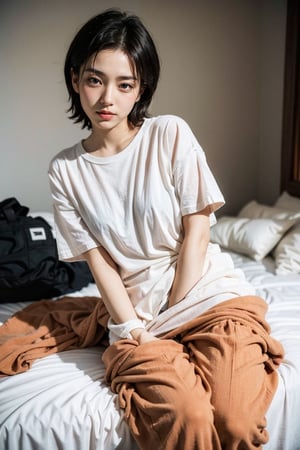 (masterpiece:1.2, best quality), (1lady, solo, lying_on_back:1.5), Tomboy, (full color:1.5), Clothes: (baggy tee shirt, nude, bottomless :1.5), (Appearance: dark_brown_hair, fit, muscular, short hair, natural makeup, long legs, cute, petite, adult, hot body, brown eyes: small breasts, 25_years_old, pubic_hair(female): 1.5), Location: bed, bedroom, (Hobbies: art, music, indie, shoegaze), NSFW, mid_twenties, adult, asian girl, boyish, painted_nails, polish, Tomboy, eye_contact, after-sex, creampie, nudity, semen, cum, cum_filled, cream_pie, exhausted, panties_down