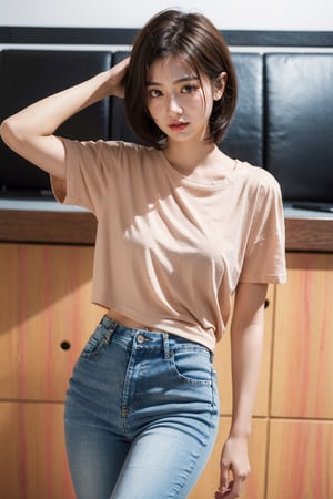 (masterpiece:1.2, best quality), (1lady, solo 1.5), Tomboy, (full color:1.5), hot body, Clothes: (tucked in t shirt, vintage lightwash high-waisted loose jeans:1.5), (Appearance: short hair, brown hair, messy hair, natural makeup, long legs, cute, petite, brown eyes, small breasts, fit, muscular, toned: 1.5), Location: record_store, indoors, Hobbies: workout, best_friend, music, indie, shoegaze, SFW, clothed, 25 years old, mid_twenties, adult, asian girl, Tomboy