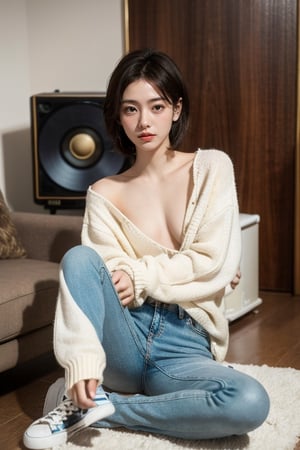 (masterpiece:1.2, best quality), (1lady, sitting, full body: 1.5), Tomboy, (full color:1.5), hot body, Clothes: (sweater, loose fit jeans, baggy clothes, oversized clothes: 1.5), (Appearance: short hair, brown hair, messy hair, natural makeup, long legs, cute, petite, brown eyes, small breasts, fit, muscular, toned: 1.5), Location: (apartment living room, indoors, modernist, artistic, guitar amp, vinyl_records, record_player, stereo), Hobbies: (workout, athletic, music, indie music, art), best_friend, music, shoegaze, SFW, clothed, 25 years old, mid_twenties, adult, asian girl, Tomboy, street_style, masculine style, men's clothing
