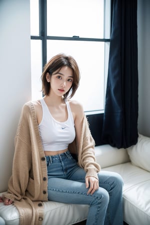 (masterpiece:1.2, best quality), (1lady, solo 1.5), Tomboy, (full color:1.5), hot body, Clothes: (loose cardigan, t shirt, vintage lightwash high-waisted loose jeans:1.5), (Appearance: short hair, brown hair, messy hair, natural makeup, long legs, cute, petite, brown eyes, small breasts, fit, muscular, toned: 1.5), Location: record_store, indoors, Hobbies: workout, best_friend, music, indie, shoegaze, SFW, clothed, 25 years old, mid_twenties, adult, asian girl, Tomboy