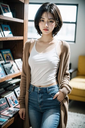 (masterpiece:1.2, best quality), (1lady, solo, standing :1.5), Tomboy, (full color:1.5), Clothes: (loose cardigan, braless, black tee-shirt, vintage lightwash high-waisted loose jeans:1.5), (Appearance: dark_brown_hair, fit, muscular, short hair, natural makeup, long legs, cute, petite, adult, hot body, brown eyes: small breasts, 25_years_old: 1.5), Location: record_store, music_store, (Hobbies: art, music, indie, shoegaze), SFW, mid_twenties, adult, asian girl, boyish, painted_nails, polish, Tomboy, smiling, smiling_at_viewer, looking_at_viewer, eye_contact