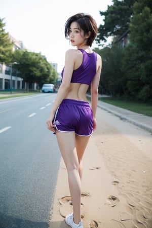 (masterpiece:1.2, best quality), (1lady, solo, full body, standing, from_behind: 1.5), Tomboy, (full color:1.5), hot body, Clothes: (purple swimtrunks: 1.5), (Appearance: short hair, brown hair, messy hair, natural makeup, long legs, cute, petite, brown eyes, small breasts, fit, muscular, toned: 1.5), Location: (beach, outdoors: 1.2) Hobbies: (workout, athletic, music, indie music, art), best_friend, music, shoegaze, SFW, clothed, 25 years old, mid_twenties, adult, asian girl, Tomboy, boyish, masculine, blushing, embarassed, lesbian