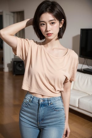 (masterpiece:1.2, best quality), (1lady, solo: 1.5), Tomboy, (full color:1.5), hot body, Clothes: (tucked in t shirt, vintage lightwash high-waisted loose jeans:1.5: 1.5), (Appearance: short hair, brown hair, messy hair, natural makeup, long legs, cute, petite, brown eyes, small breasts, fit, muscular, toned: 1.5), Location: (apartment living room, indoors,) Hobbies: (workout, athletic, music, indie music, art), best_friend, music, shoegaze, SFW, clothed, 25 years old, mid_twenties, adult, asian girl, Tomboy, nice armpits
