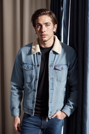 (masterpiece:1.2, best quality), (1 man, solo 1.5), Masculine, (brown hair:1.4), (fit, slim: 1.2), (full color:1.5), slim body, (light blue eyes: 1.5), (curtained-hair: 1.5), Clothes: (patagonia jacket, dark levi's jeans:1.5), (Appearance: short hair),( Location: record_store, indoors), (Hobbies: workout, best_friend, music, indie, shoegaze, musician), SFW, clothed, 25 years old, mid_twenties, adult, white man, caucasian man, hipster, jake gyllenaal lookalike, photorealistic