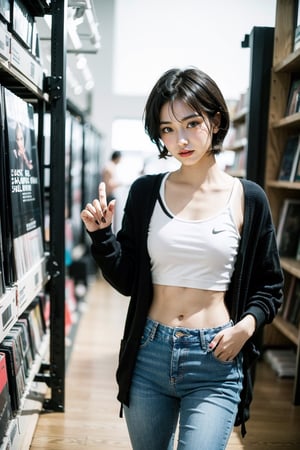 (masterpiece:1.2, best quality), (1lady, solo :1.5), Tomboy, (full color:1.5), Clothes: (loose cardigan, t shirt, vintage lightwash high-waisted loose jeans:1.5), (Appearance: black hair, fit, muscular, abs, short hair, natural makeup, long legs, cute, petite, adult, hot body, brown eyes: small breasts, 25_years_old: 1.5), Location: record_store, music_store, (Hobbies: workout, athletic, music, indie, shoegaze), SFW, mid_twenties, adult, asian girl, boyish, painted_nails, painted finger nails, blue nail polish, Tomboy