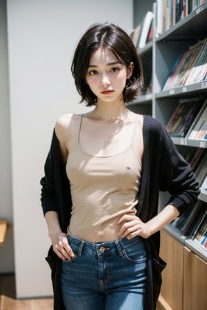 (masterpiece:1.2, best quality), (1lady, solo, standing :1.5), Tomboy, (full color:1.5), Clothes: (loose cardigan, braless, black tee-shirt, vintage lightwash high-waisted loose jeans:1.5), (Appearance: dark_brown_hair, fit, muscular, short hair, natural makeup, long legs, cute, petite, adult, hot body, brown eyes: small breasts, 25_years_old: 1.5), Location: record_store, music_store, (Hobbies: art, music, indie, shoegaze), SFW, mid_twenties, adult, asian girl, boyish, painted_nails, polish, Tomboy